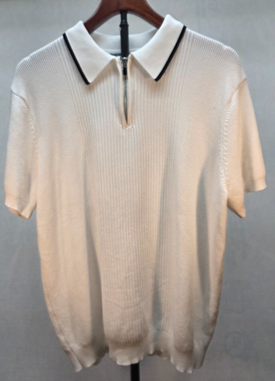 PJ Paul Jones Mens Retro Knit Polo SHirt XL White Quater Zip Ribber Short Sleeve